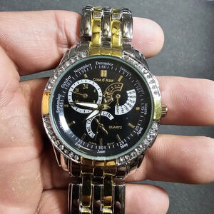 cote d' azur Mens Quartz Fashion Watch Silver Gold Tone Crytsal Bezel Working sh